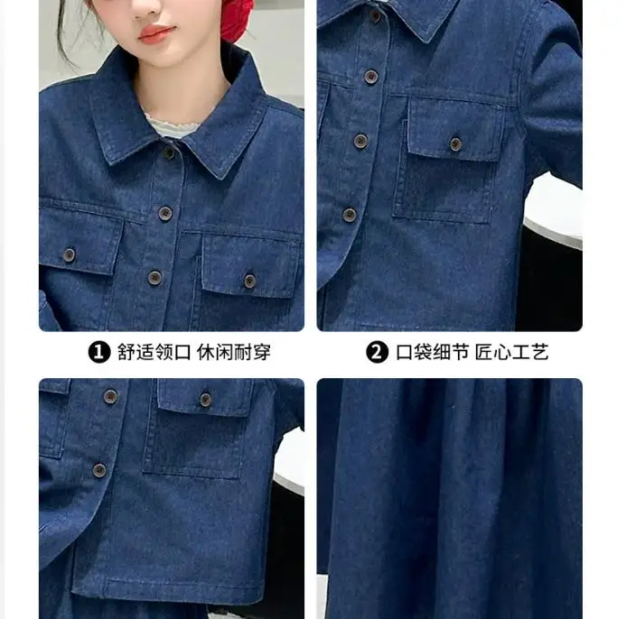 Teenager Girls Clothing Sets Spring Autumn Fashion Lapel Top and A-line Skirt Suit T Kids Clothes Casual Children Denim Outfits