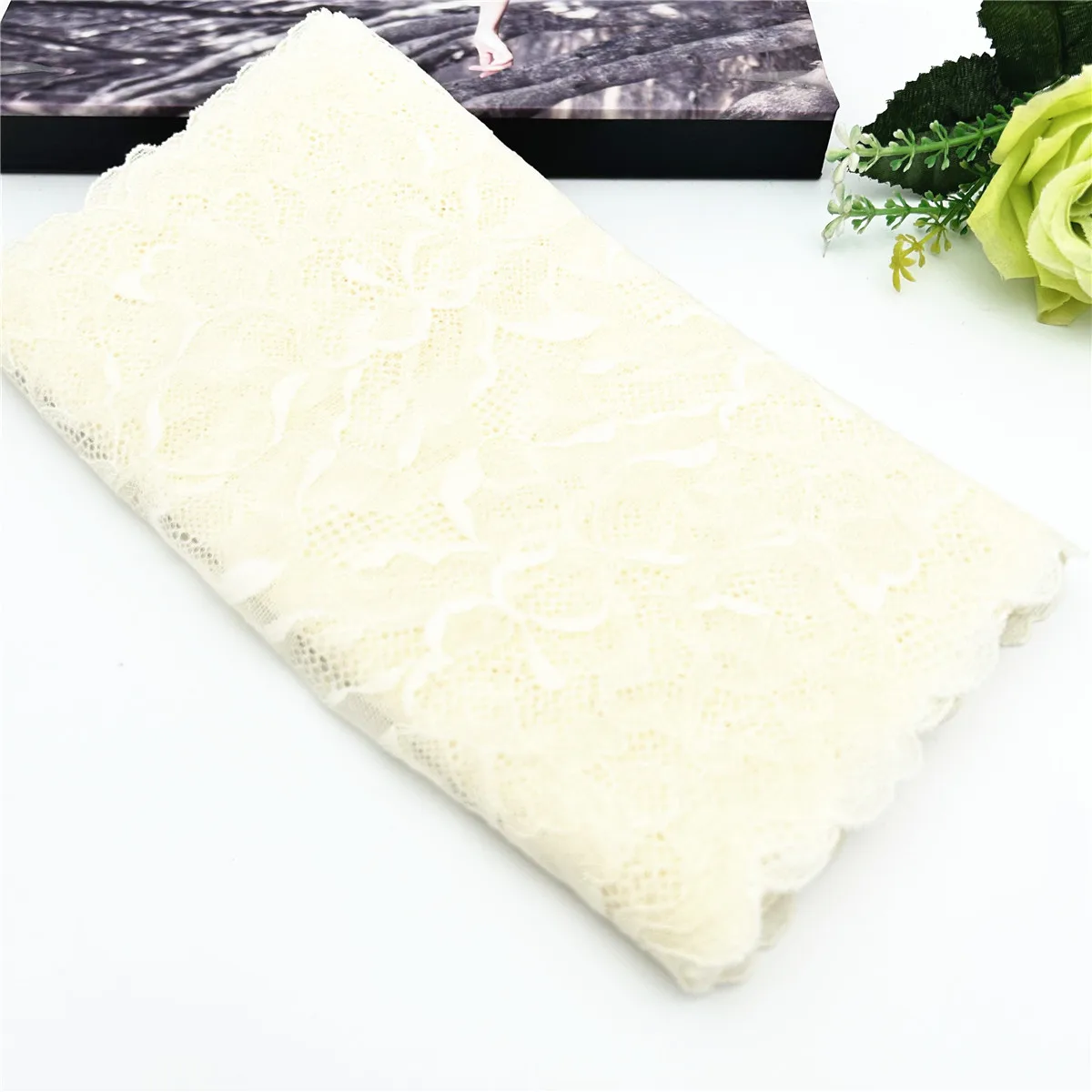 3y/lot Width 23cm Cream With Shimmer Shiny Elastic Lace Trim Lingerie Sewing Craft DIY Apparel Fabric Lace Dress Wedding