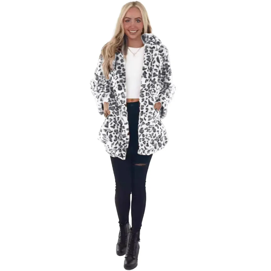Pocket Loose Fit Coat Elegant Commuter with Leopard Print Casual Midi Length Patchwork Pockets Notched Lapel Women Winter Jacket