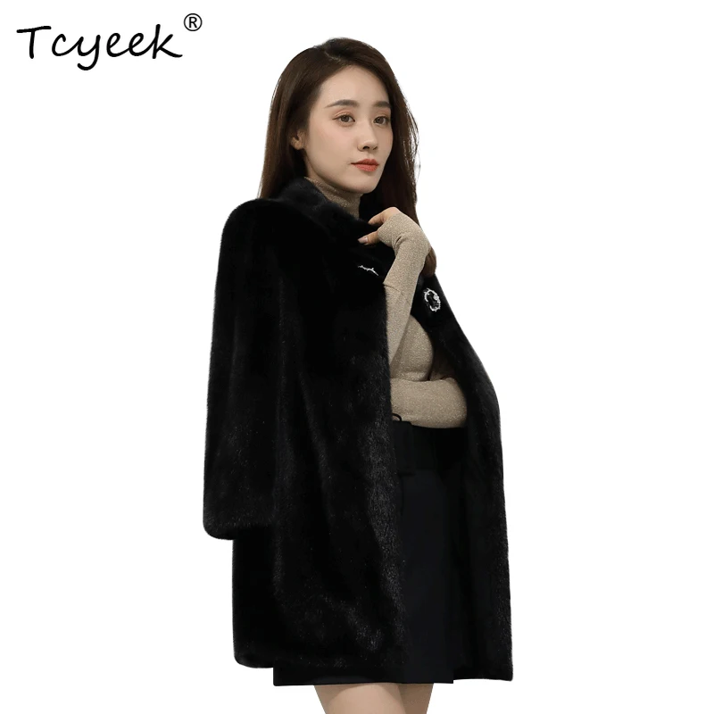 Tcyeek Otoño Invierno versión coreana de gama alta visón completo cuello levantado negro longitud media abrigo de piel de visón para mujer Fourrures Femme