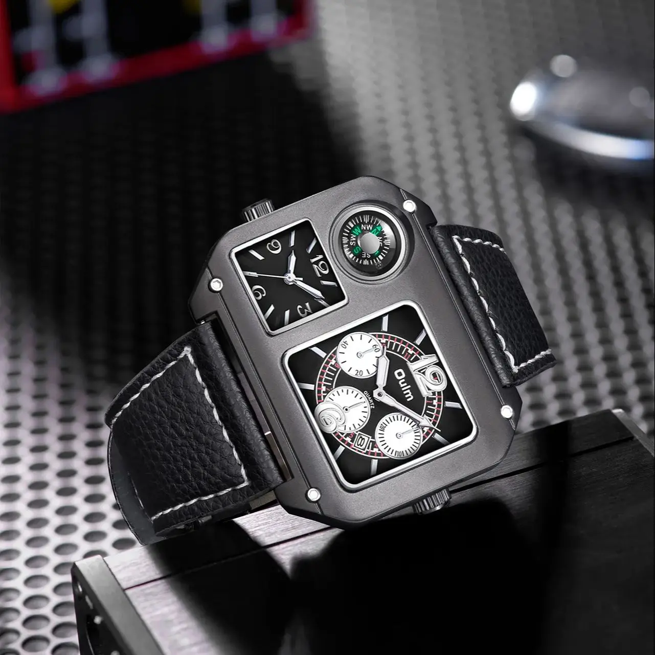 Men's Square Watch, Dual Time Zone Quartz Watch with Compass, Leather Strap, Men's Casual Sports Watch, Waterproof Fashion Watch, Unique Large Dial Watch, Gift for Father, Husband, Boyfriend, Outdoor Hiking and Camping Watch, Luxury Business Watch, Everyday Wear