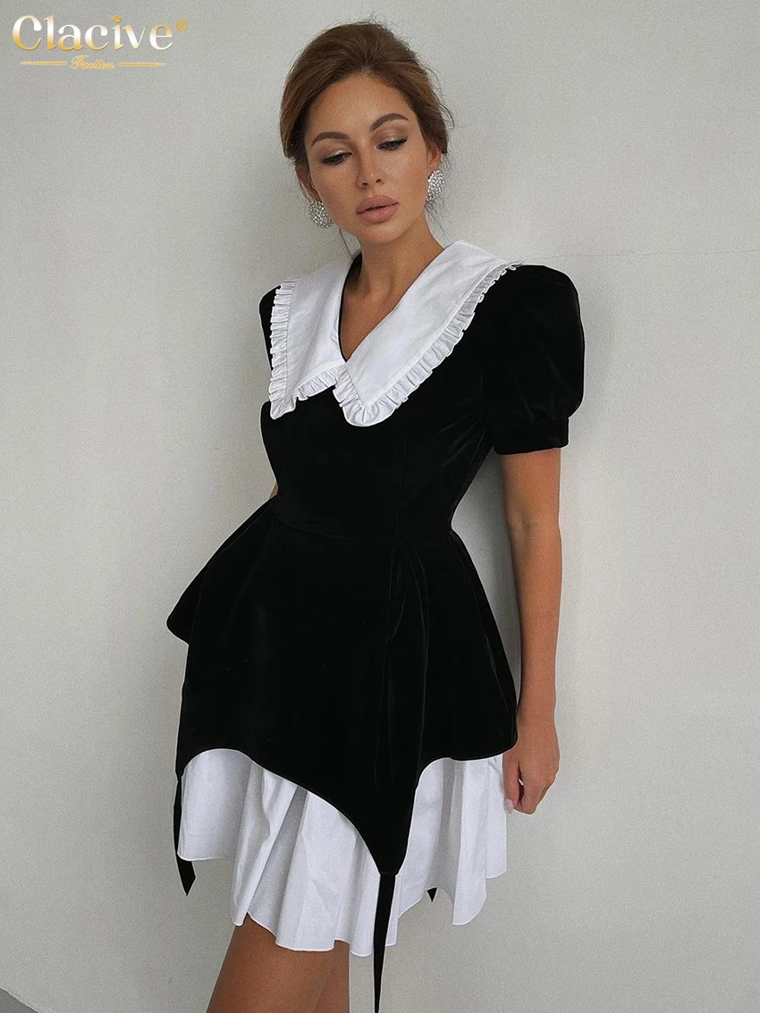 Clacive Fashion Black Patchwork Women'S Dresses 2023 Elegant Doll Collar Short Sleeve Mini Dress Lady Casual Office Female Dress