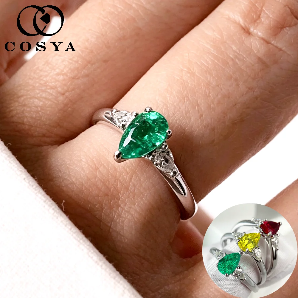 COSYA 1CT Pear Cut Lab Grown Colombian Emerald/Ruby Ring for Women S925 Silver 3 Stone Wedding Band With Moissanite Fine Jewelry