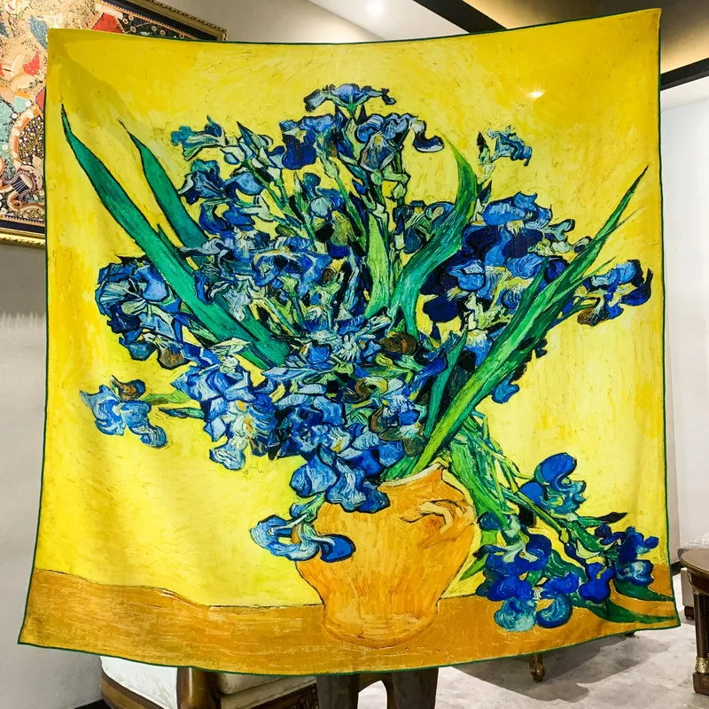

High-end Elegant Women Exquisite Oil Painting Iris Flower Double-side Print Quality Silk Wool Hand-rolled Edge Large Scarf Shawl