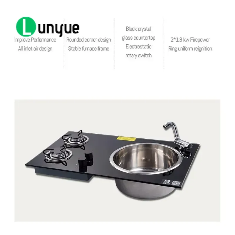 RV Kitchen 2 Burner Gas Stove with Sink Combo Tempered Glass LPG Cooktop 0.8mm Thickness Compact Design for Camper Van