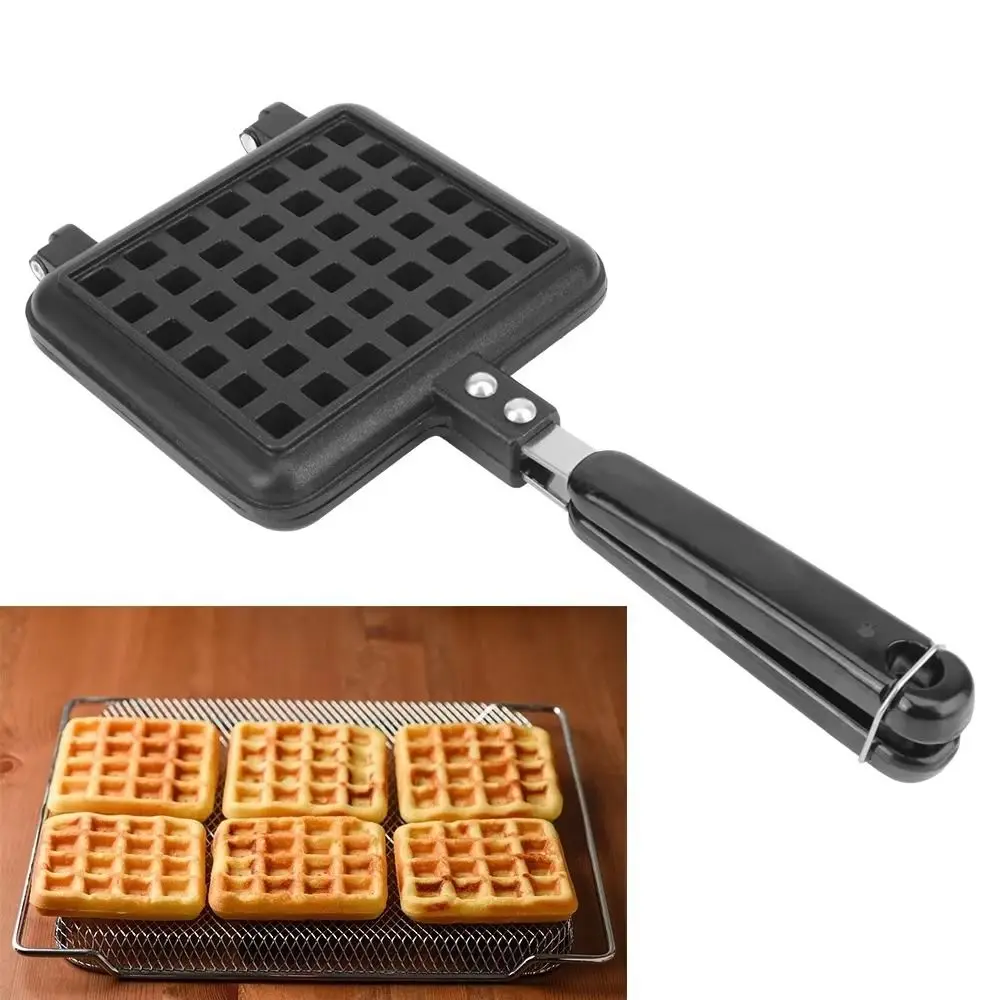 Molde para hornear gofres con mango largo, molde cuadrado de aluminio fundido para gofres, molde de Metal, sartén antiadherente resistente al calor para tostadas