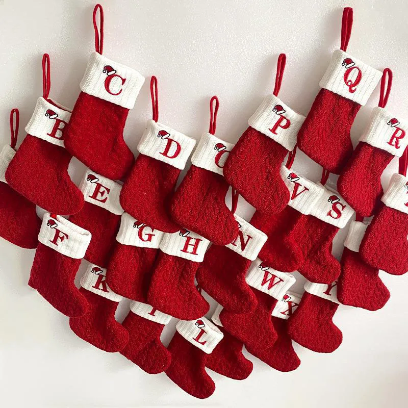 Christmas Stocking with Embroidered Letter Mini Cute Hanging Rope Knit Stocking  for Home Xmas Tree Party Decoration Supplies