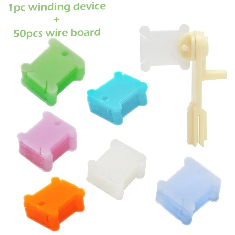 50pcs Plastic Floss Bobbins with 1pc String Winder Bobbin Cross Stitch Card Thread Yarn Holder DIY Embroidery Sewing Accessories