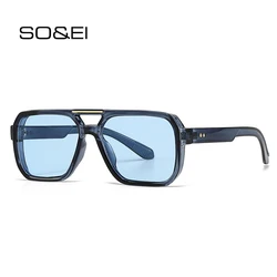 SO&EI Fashion Double Bridges Square Sunglasses Women Retro Rivets Blue Tea Shades UV400 Men Outdoor Gradient Sun Glasses