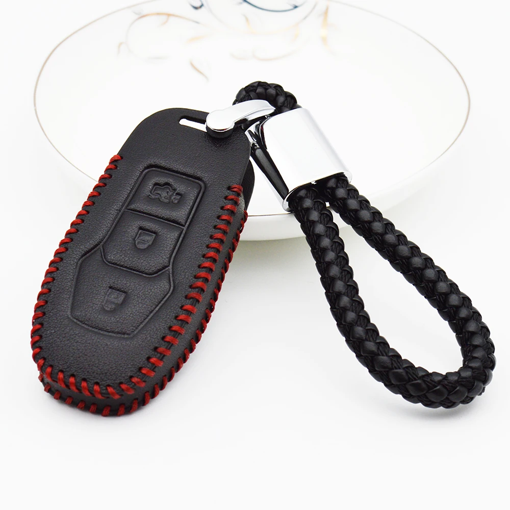 For Ford Fiesta Mk7 Mondeo Mk3 Mk4 C Max S Max Kuga 2017 Ranger Car Smart Key Cover Case Real Leather Key Ring Protection Bag