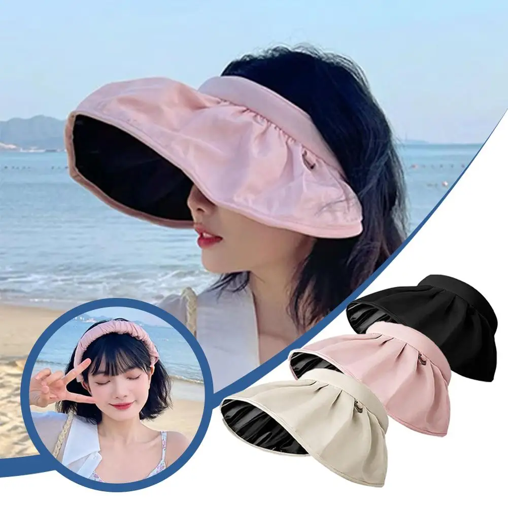 Summer Shade Foldable Hats Women Outdoor Beach Uv Hair Brim Caps Use Bucket Hats Dual Soft Wide Hoo V0b5