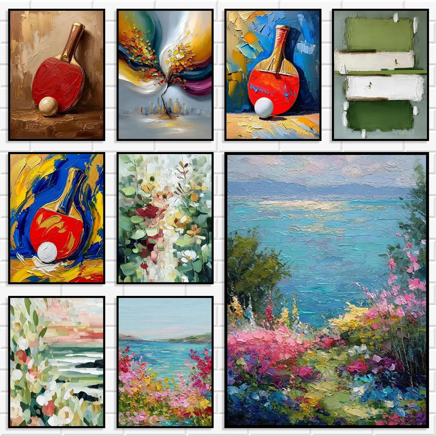 Modern Impasto Texture Canvas Poster Table‑Tennis Paddle Floral Seaside Landscape Abstract Wall Art for Home Interior Decoration
