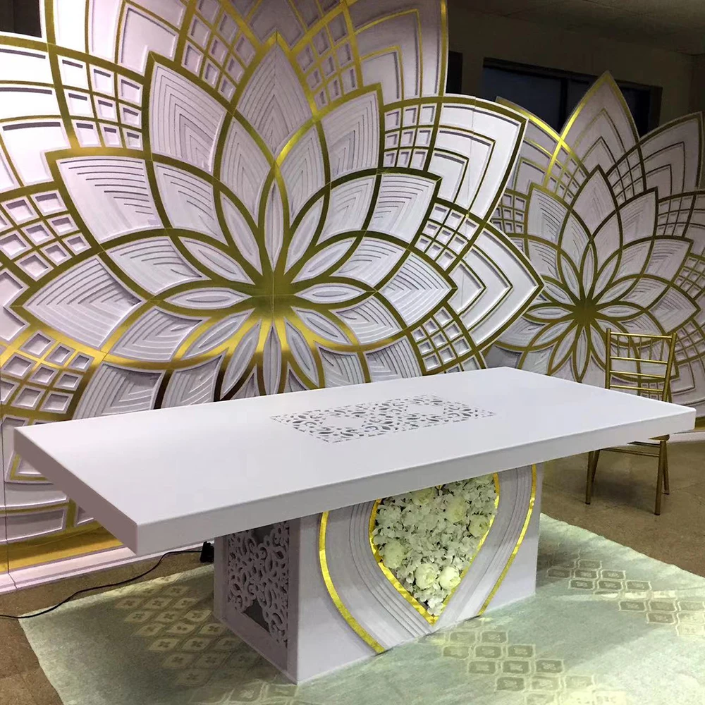 

Modern Rectangle Acrylic White Heart Flower Pattern Dining Table For Bridal and Groom Wedding