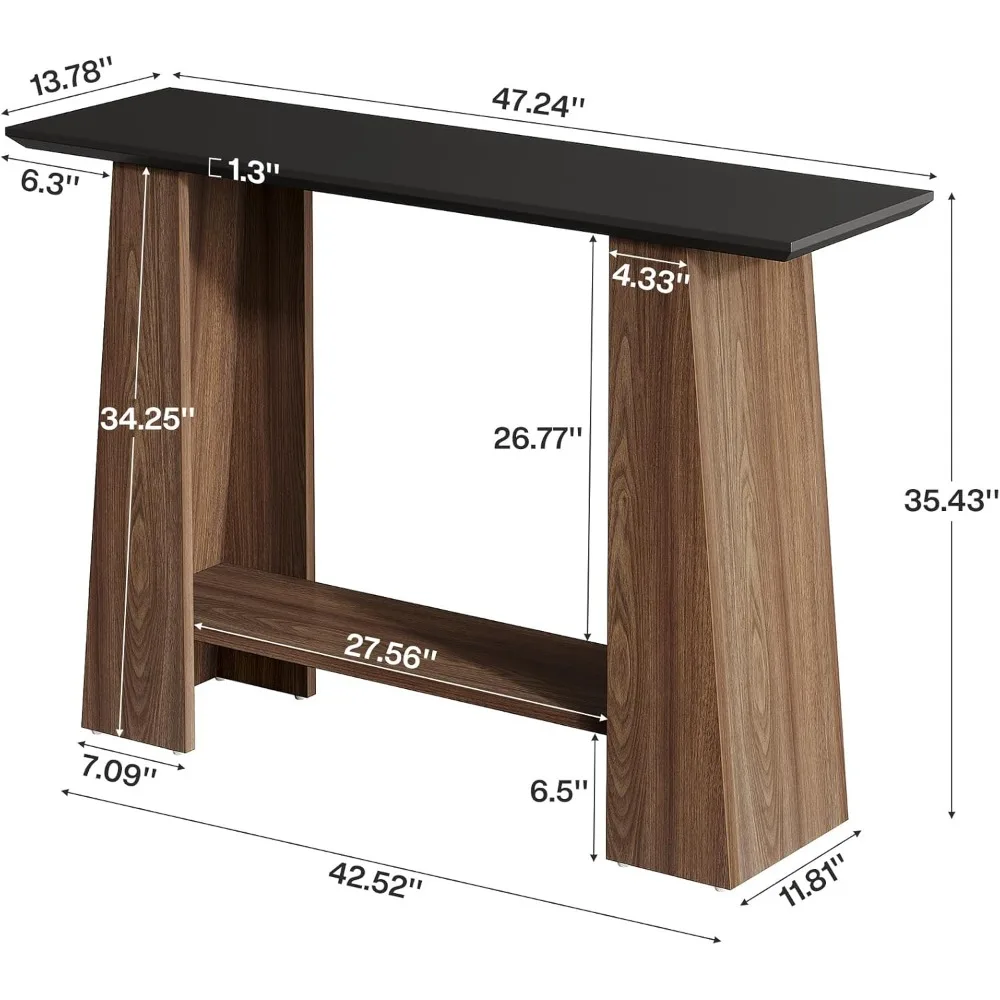 47.24 Console Table for Entryway, Mid-Century Modern 2-Tier Narrow Wooden Sofa Table Behind Couch with Storage Shelf