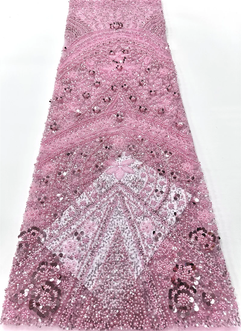 

2025 France High-End Luxury Elegant Handmade Beaded Lace Fabric Nigerian With Sequins Mesh Lace Fabric For Wedding Dress