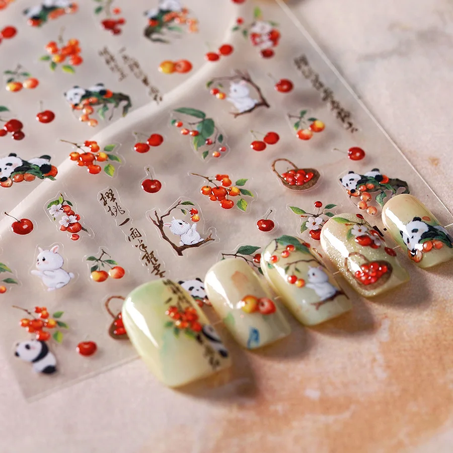 1PCS  5D Shell Light 3D National Panda Nail Stickers Embossed Relief Cherry Adhesive Nail Art Stickers Manicure Decoration Decal