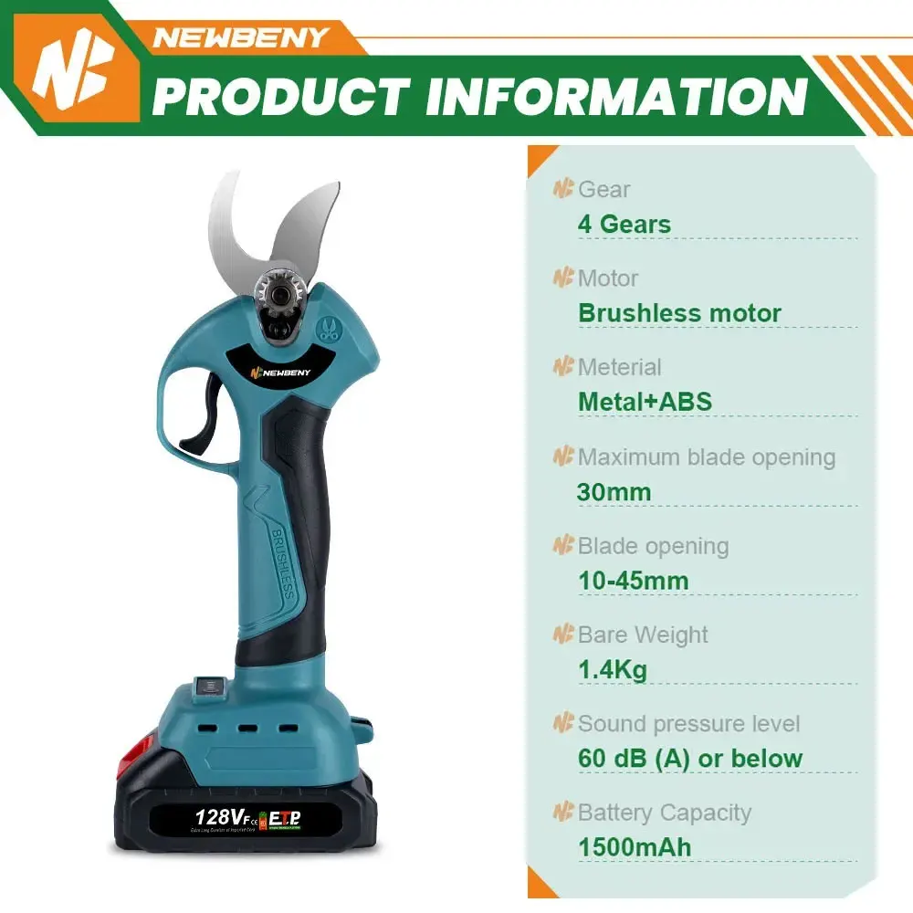 NewBeny 30mm Brushless Electric Pruner 4 Gear Cordless Handheld Orchard Shrub Pruning Tree Branches Cutter For Makita 18VBattery