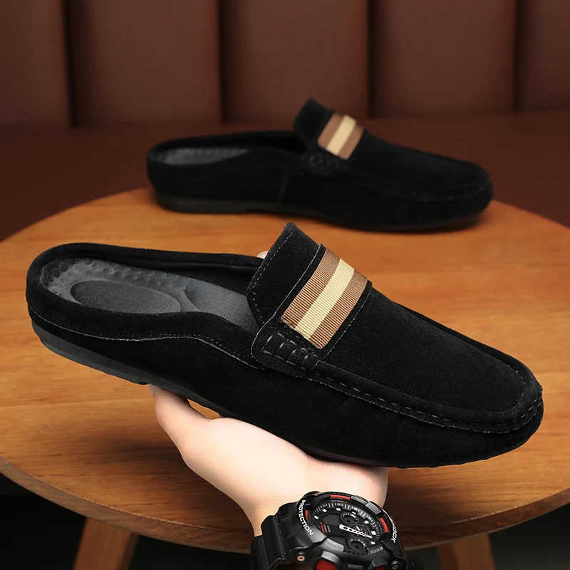 Fashion Sheepskin Mens Half Slippers Breathable Mens Casual Shoes Outdoor Men Loafers Lazy Shoes Flats Comfortable Male Sneakers