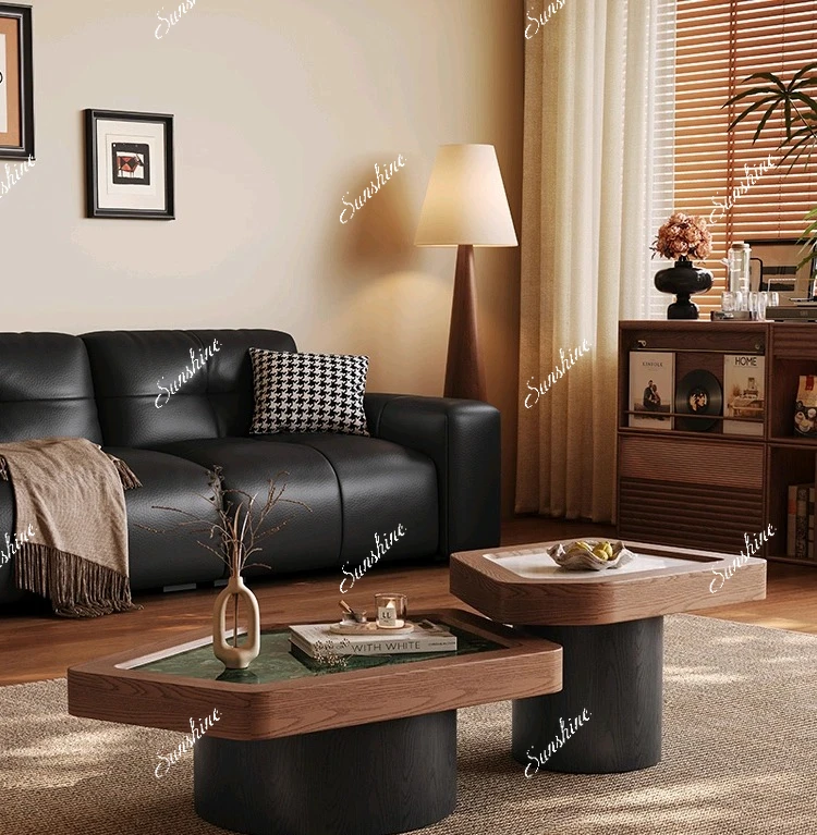 Medieval style coffee table, living room, household small apartment, high-end walnut-colored special-shaped side table