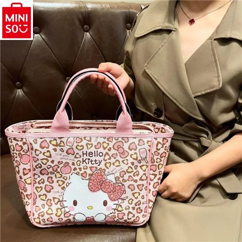 MINISO Leopard Cartoon Hello Kitty Student PU Handbag One Shoulder Girl Heart Large Capacity Commuting Mommy Bag