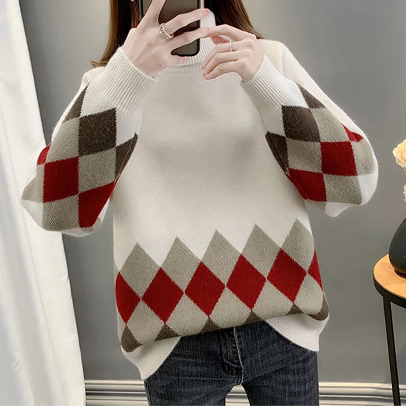 2023 Autumn Winter Women Argyle Patchwork Turtleneck Thick Knitted Sweater Female Casual Long Sleeve Loose Pullover Tops Jumpers