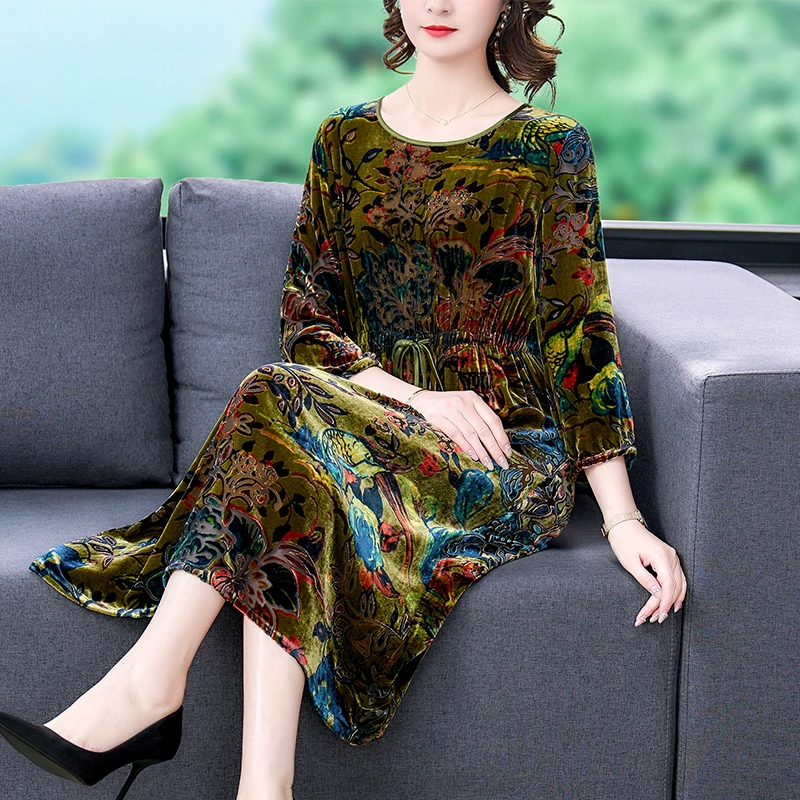 2023 Autumn New Silk Velvet Flocking Printed Dress with Western Blossom Print Loose Size Waist Slim Knee Length Dress Robe