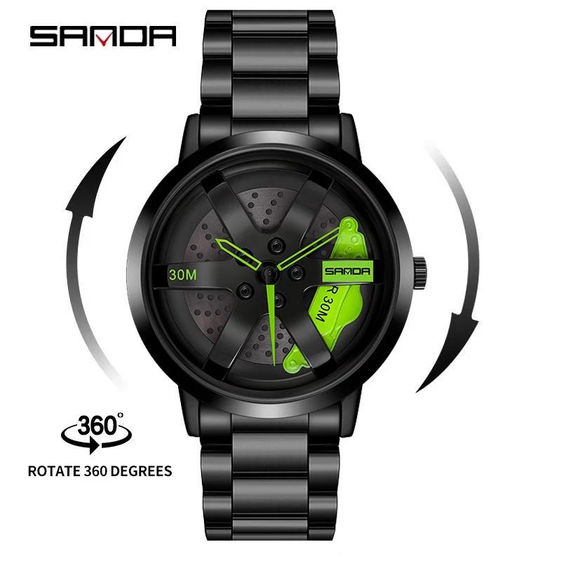 SANDA P1075 Hot Sell Stainless steel Men\'s Watches Waterproof Sport Watch Racing Car Rim Wheel Rotating Dial male Clock Relogio