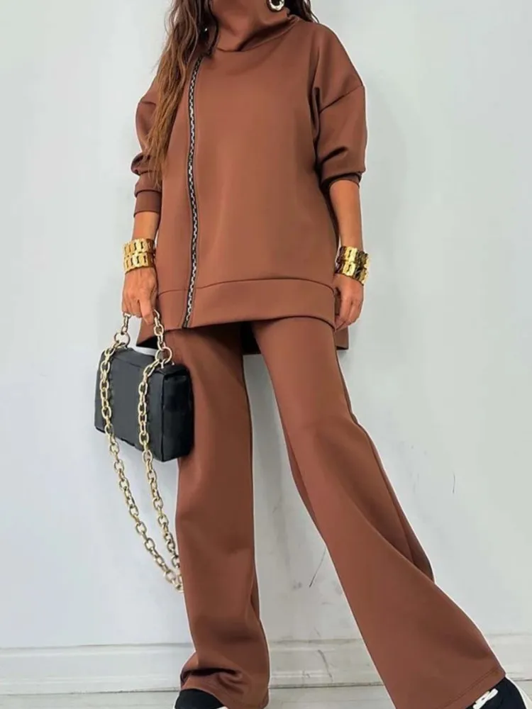 Autunno Moda Abiti larghi Donna Dolcevita Felpa con cerniera Set di pantaloni a gamba larga Donna Casual Manica lunga Solido Set a due pezzi