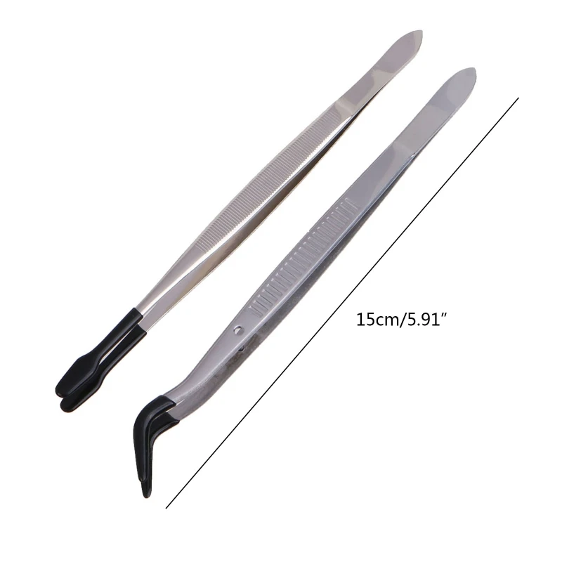 Stainless Steel Tweezers with Rubber Tipped Set of 2 Straight Flat Bent Tip Twee