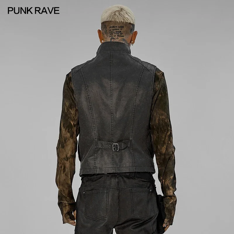 PUNK RAVE Men\'s Post-apocalyptic Style Distressed Vest Breathability  Lining  Sleeveless Casual Handsome Waistcoat Four Seasons