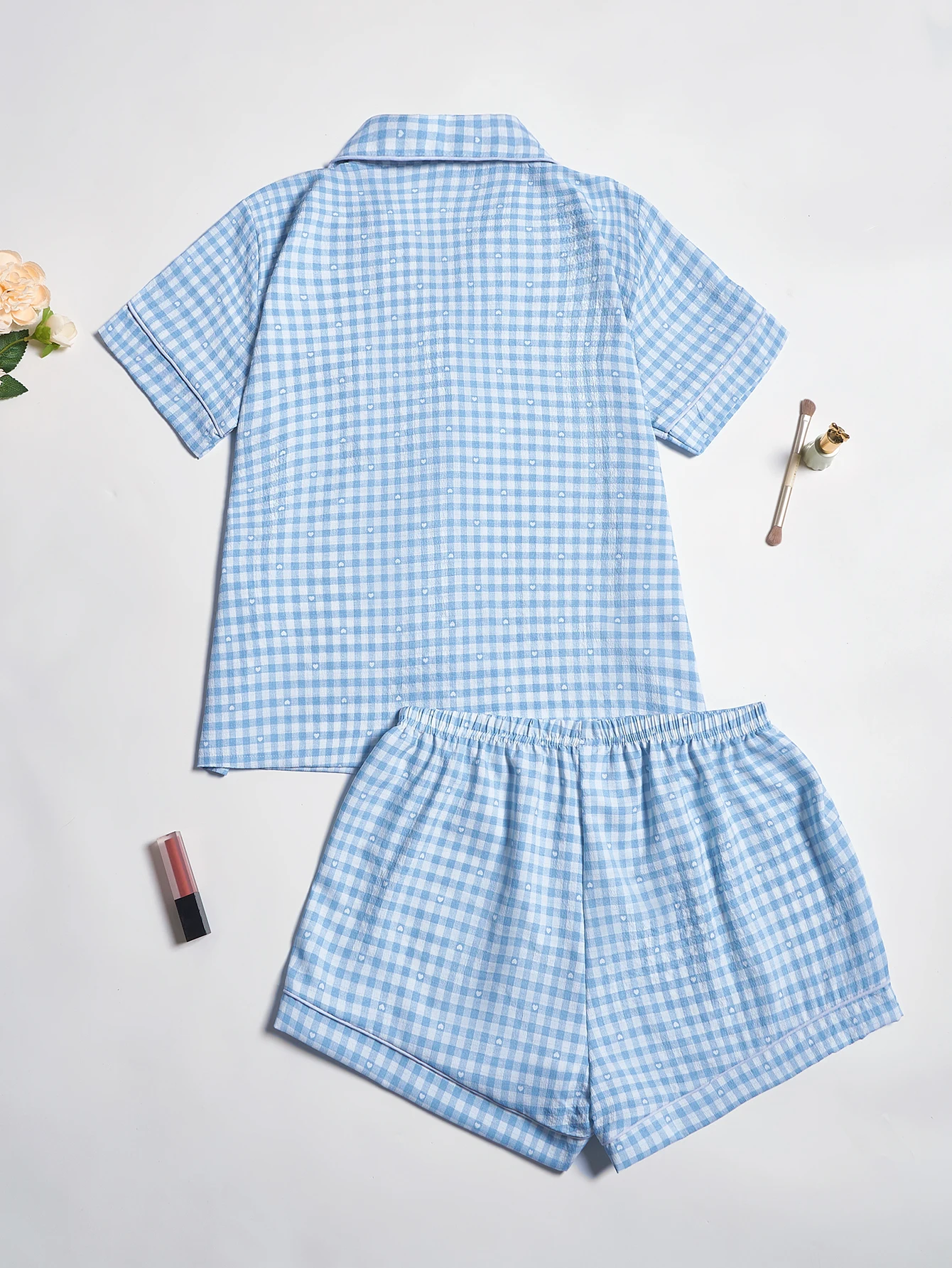 Plaid & Heart Printed Pajama Set,Contrast Color Piping Lapel Collar Button-up Comfortable Leisure Sleepwear