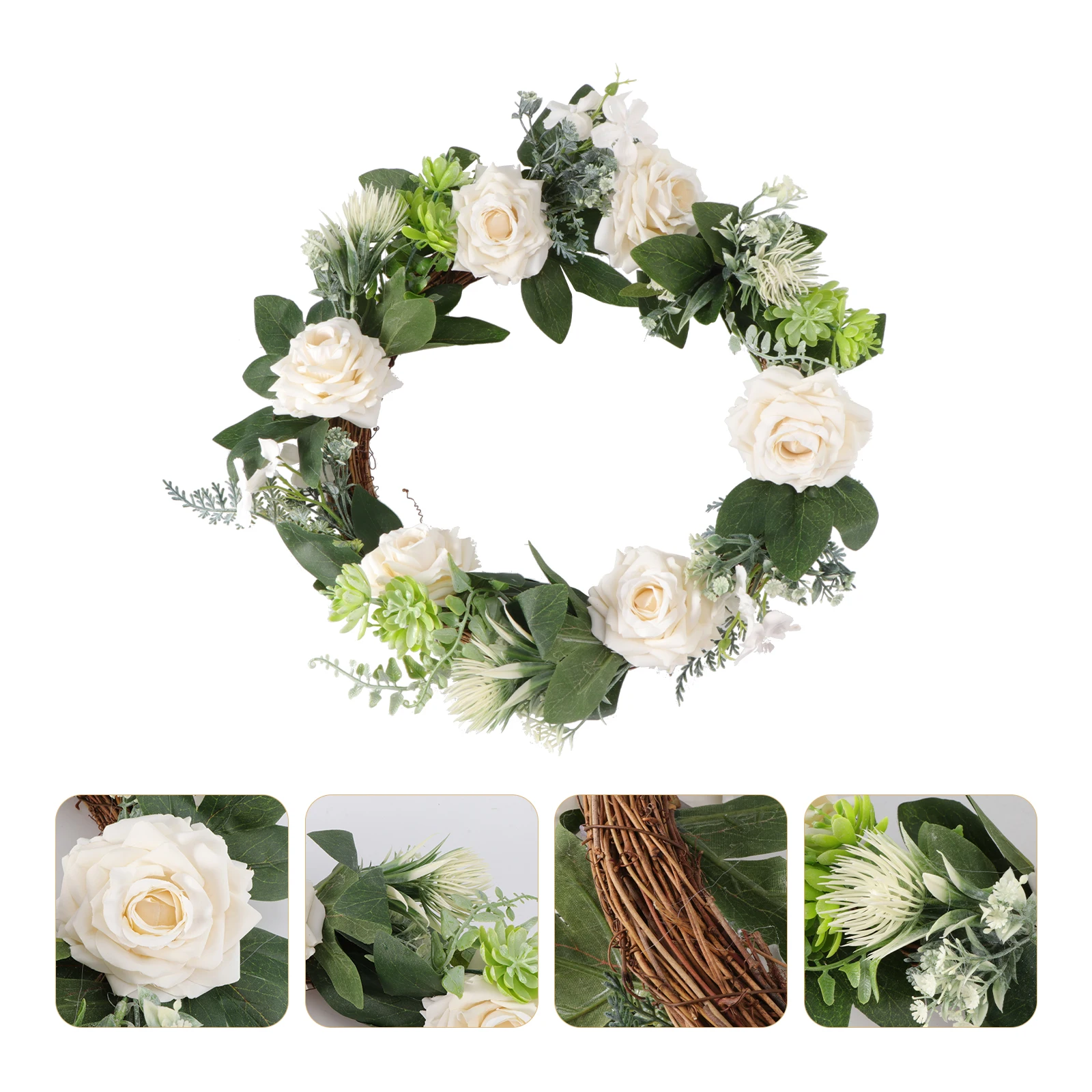 

1pc White Rose Succulent Garland Wall Door Decor Wedding Party Romantic Home Wreath Pendant Spring Garland Decor