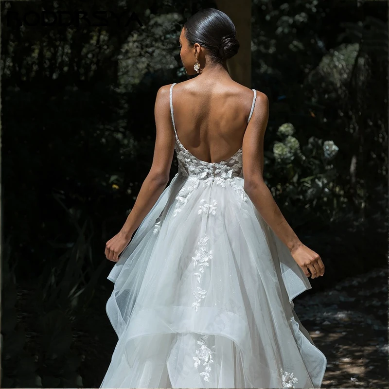 RODDRSYA Vestido De Novia gaun pengantin tali Spaghetti elegan gaun pengantin seksi renda V-Neck Backless romantis Tulle A-line pesta pengantin