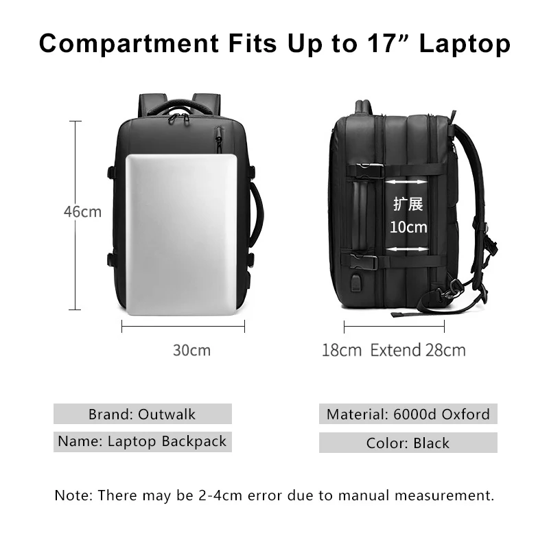 OUTWALK Large Capacity Laptop Backpack Men 16 Inch Multi Expandable Backpack Waterproof USB School Bag Business  Travel Backpack