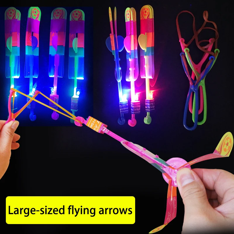 Flying Toys 10Pcs LED Arrow Helicopters + 10Pcs Launchers Glow in Dark Rocket Helicopter Toys Luminous Slingshot Toys for Kids