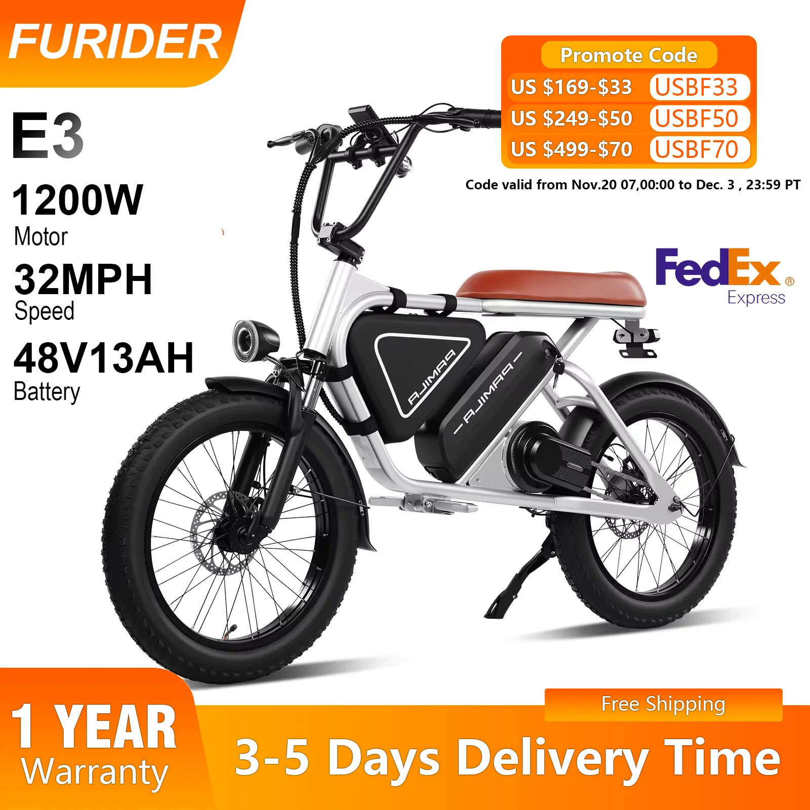 

FURIDER Electricbike 1000W LED mid-mounted motor 20-inch wide tires 48V15.6Ah battery front and rear dual brakes Ebike BMS