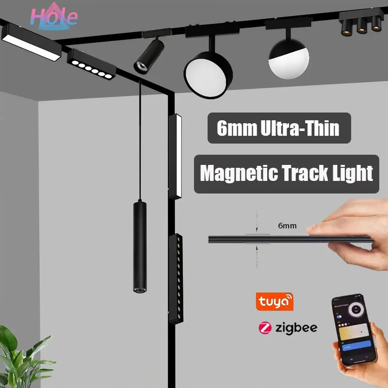 Faretto da binario magnetico ultra sottile Smart Tuya Zigbee da 6 mm per montaggio superficiale moderno faretto da soffitto con binario magnetico per soggiorno