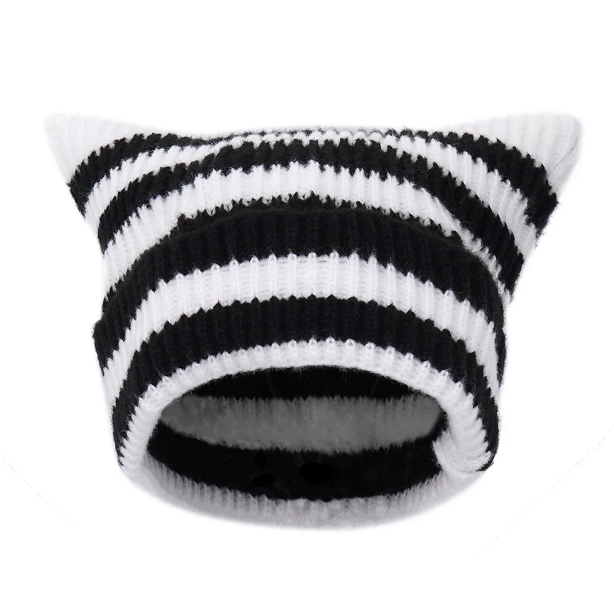 Japanese Y2K Cute Black White Striped Cat Ears Wool Hat Women Autumn Winter Warm Little Devil Hanging Ball Knitted Beanie Hat