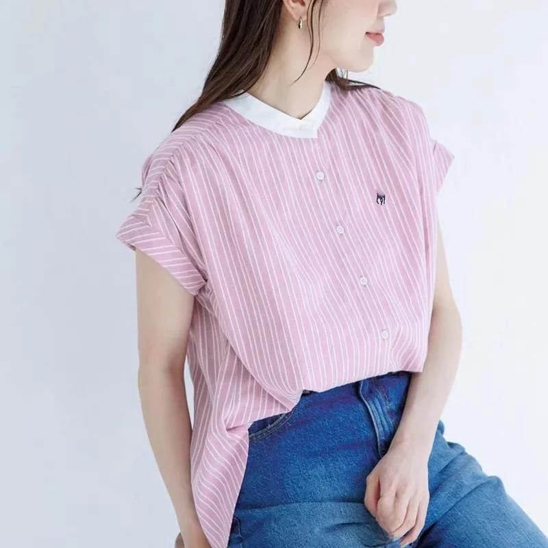 

Новая летняя женская рубашка с коротким рукавом, вышитым узором, цветными блоками, воротником, чистыми вертикальными полосками, в японском стиле, свободного кроя.