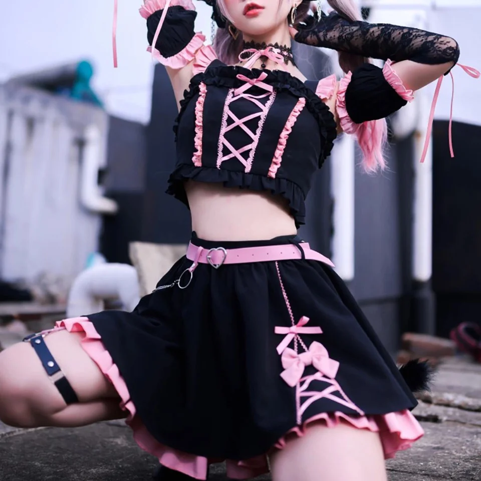 Pittige Kat Hart Jk Uniform Zwart Sweet Dark Daily Harajuku Stijl Roze Zwarte Korte Rok Set Roze Jurken Zachte Lolita Kleding