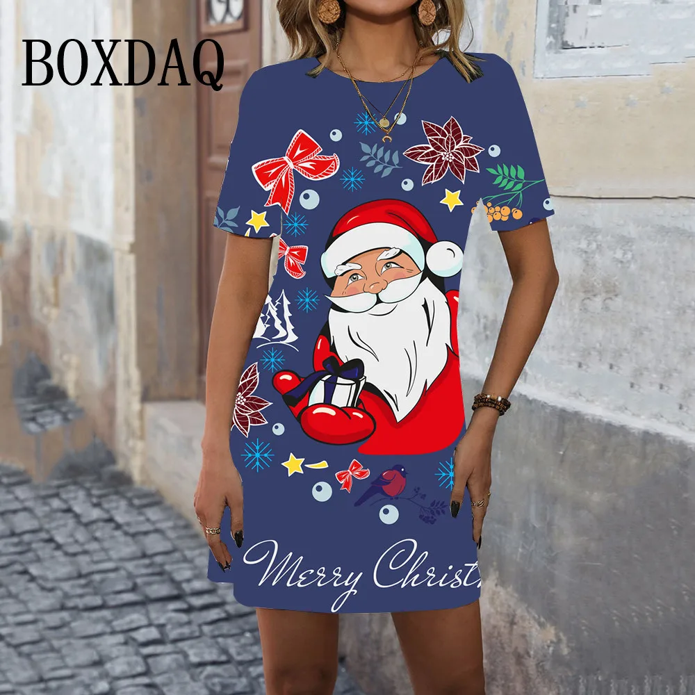 New 2024 Autumn Winter Merry Christmas Party Mini Dresses Women Cartoon Print Short Sleeve A-Line Dress Casual Cute Kawaii Dress