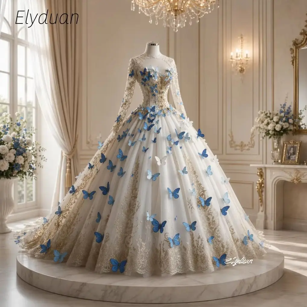 Feenhaftes Blaues Schmetterlings-Ballkleid Hochzeitskleid mit Transparenten Langen Ärmeln Spitzenapplikationen Prinzessinnen-Brautkleid für Fotoshooting Cosplay Maßanfertigung