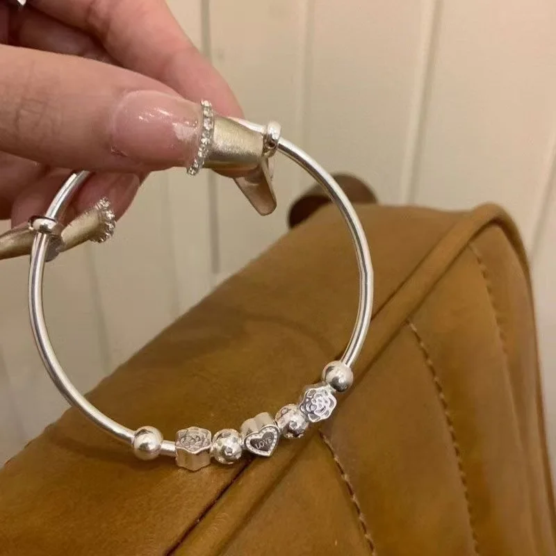 Shiny Polished Round Tube 999 Sterling Silver Telescopic Bangle Mixed Ornament Beads Fashion Bracelet
