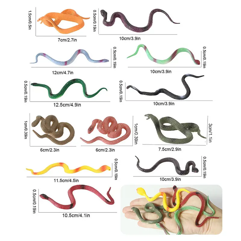 12 mini plastic rainforest snakes, realistic and colorful fake snake toys. Halloween party favorite decoration, prank toys