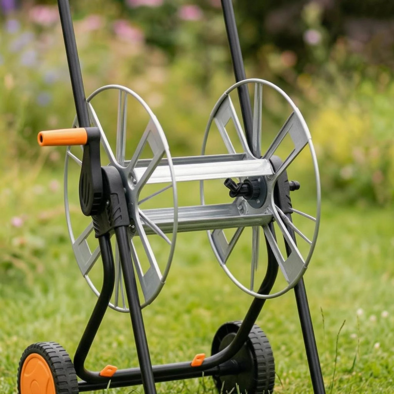 Hose Reel Carrier Metal Wheeled Hose Reel Carrier Outdoor Storage Large Capacity Garden Tool Anti Kink for Car Washing