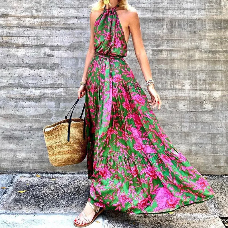 2024 Summer New - Foreign Trade Europe and America Border Women's Clothing Halterneck Printed Backless Pri