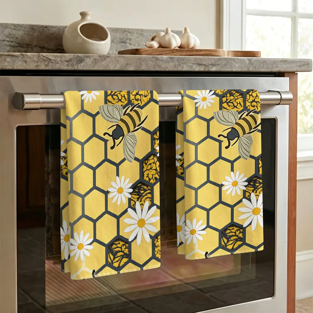 1pc/2pcs Honeycomb and Daisy Print Kitchen Towel-Super absorbent, reusable polyester dishcloths perfect for home decor, cooking,