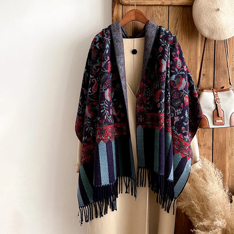 2024 Brands Ethnic Style Two-Sided Scarf Cashmere Soft Warm Long Fringe Pashmina Shawl Winter Coldproof Windproof Blanket Scarf