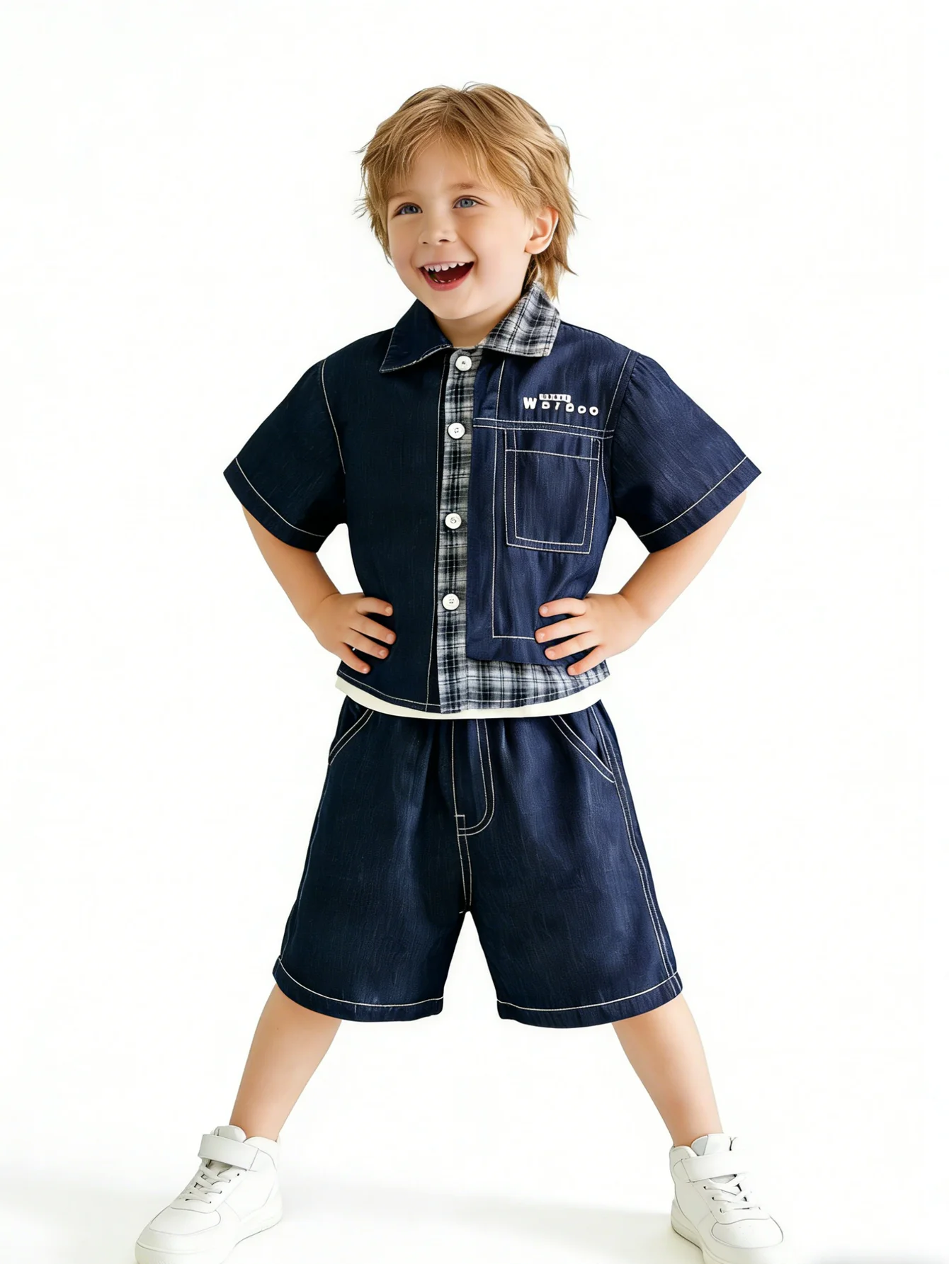 Breathable Kids Denim Two Piece Set, Soft Cotton Blend Toddler Boy Casual Outfit, Lightweight Plaid Patchwork Shirt + Shorts For