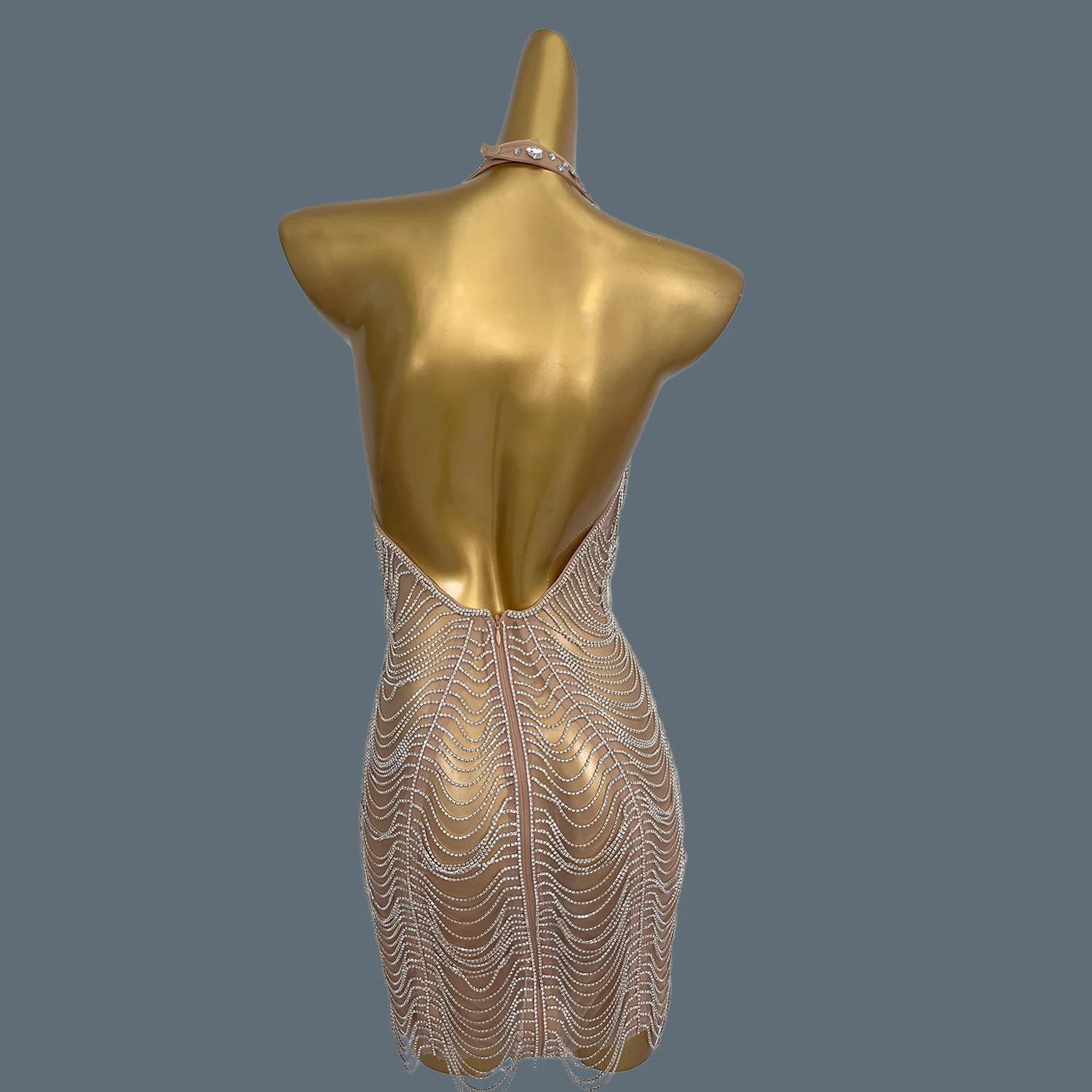 Mini abito senza schienale in rete sexy con strass scintillanti per cena di lusso per le donne, festa di ballo, compleanno, festeggia il vestito da spettacolo Xingzhi